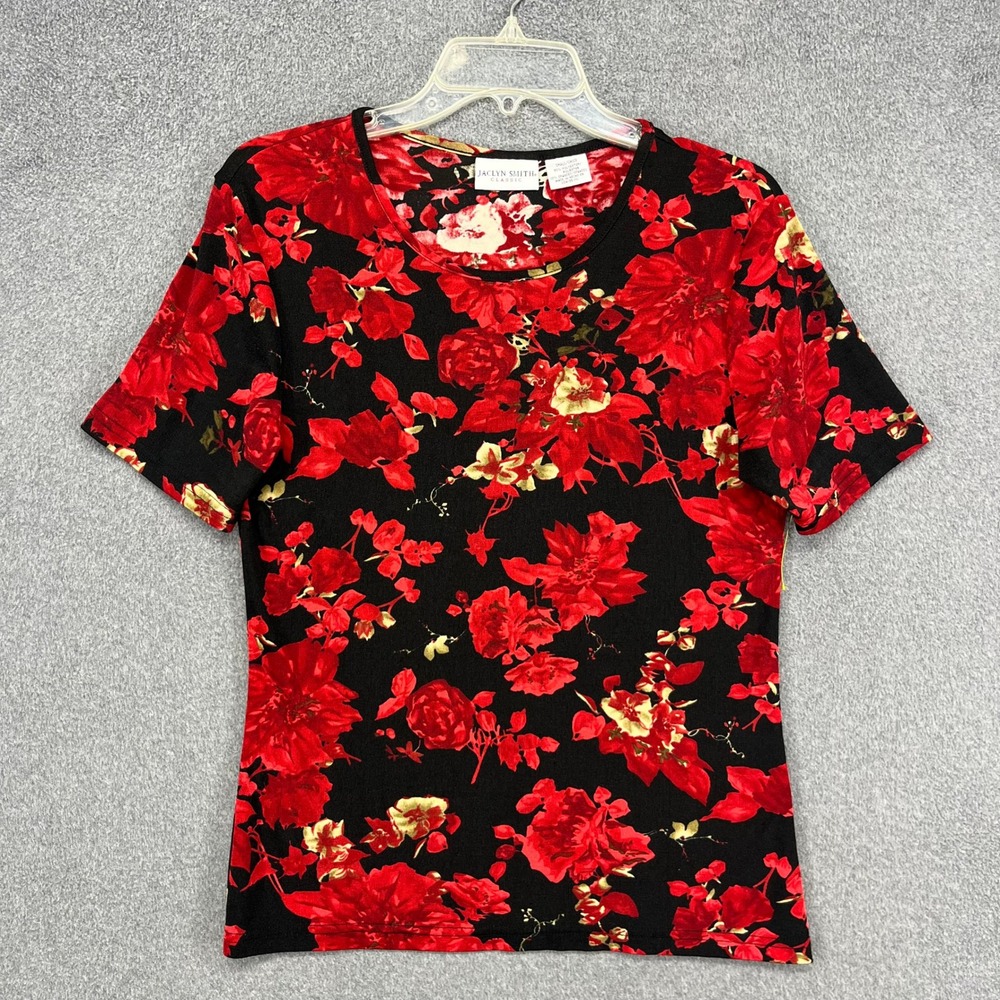 Jaclyn Smith Floral Top Womens S Red Black Short Sleeve Stretch Crew Neck Tee